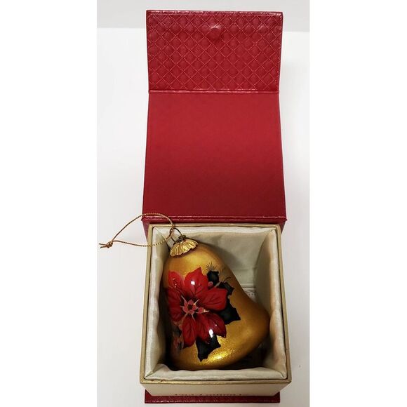 Pier 1 Li Bien 2016 Poinsettia Gold Bell Red Boxed Reverse Painted Ornament Box - Picture 2 of 10